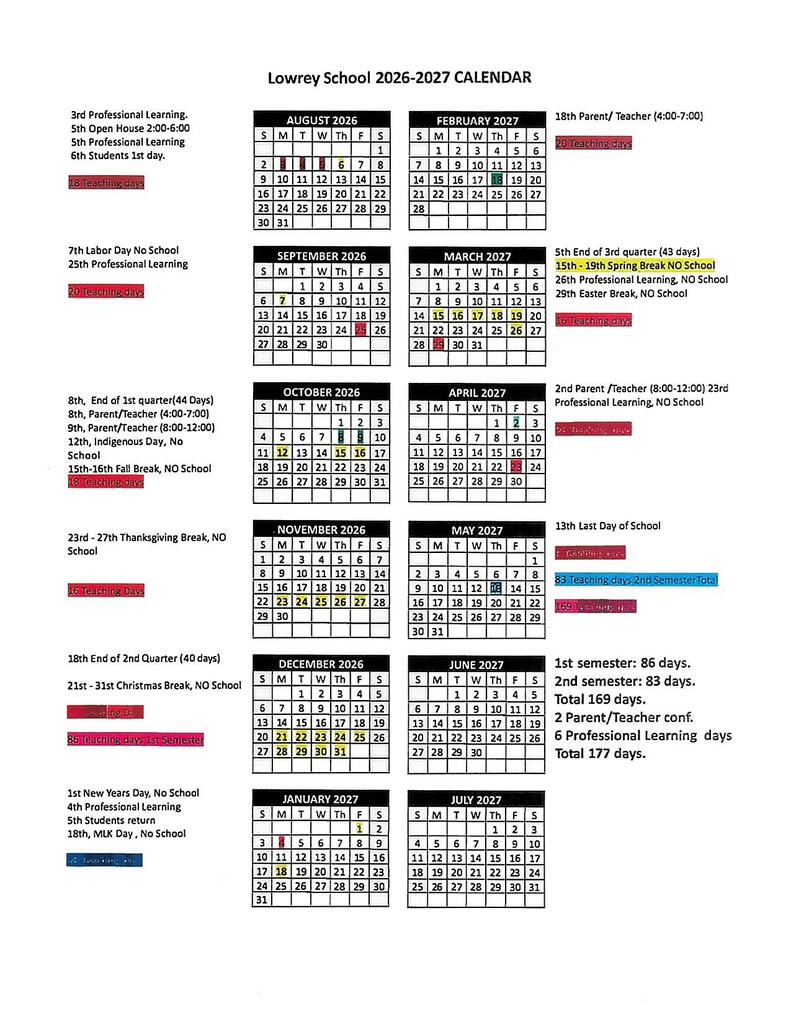 2026-27 Lowrey School Calendar. See you soon!