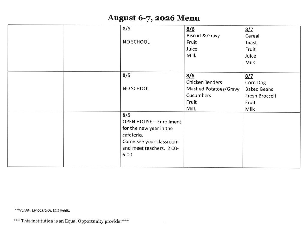 August 6 -7, 2026 Menu for Lowrey School.