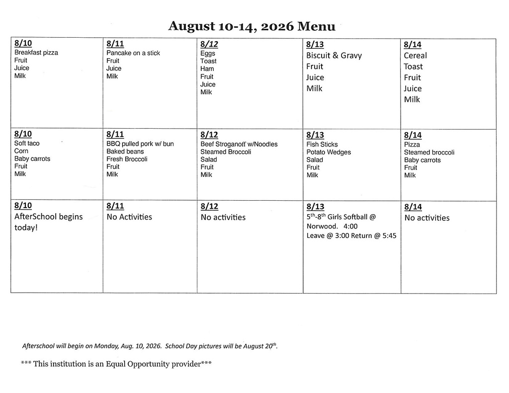 Lowrey School Menu for August 10-14, 2026.