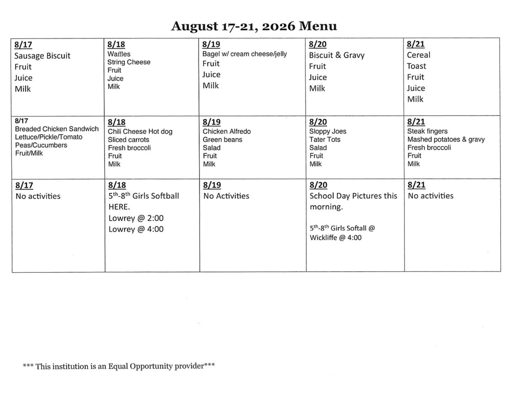 August 17-21, 2026 Lowrey School Menu and Activities.