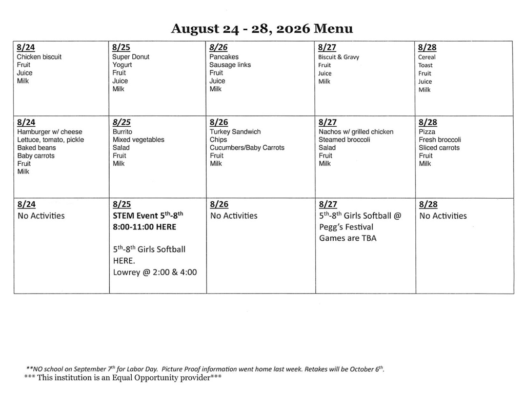 Lowrey August 24-28, 2026 Menu and Activities.