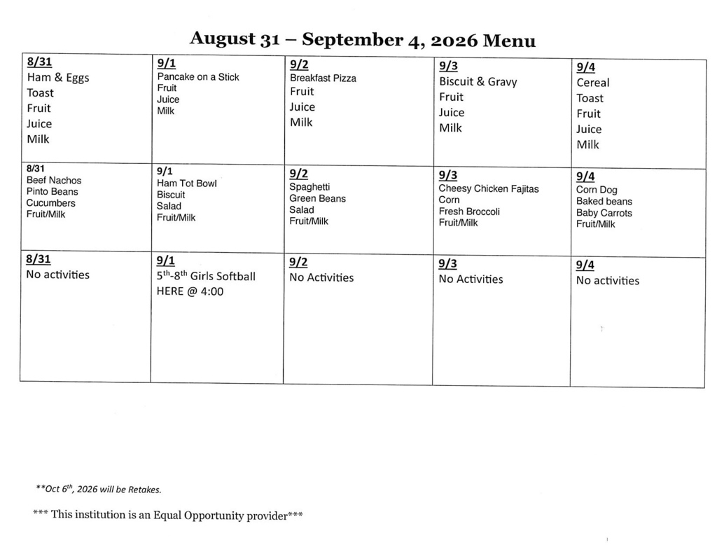 Lowrey Menu/Activities for August 31, 2026 - Sept 4, 2026