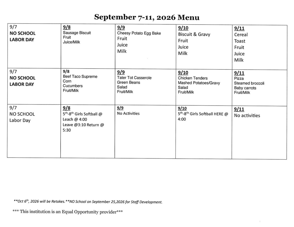 Sept 7-11, 2027 Lowrey School Activity/Menu