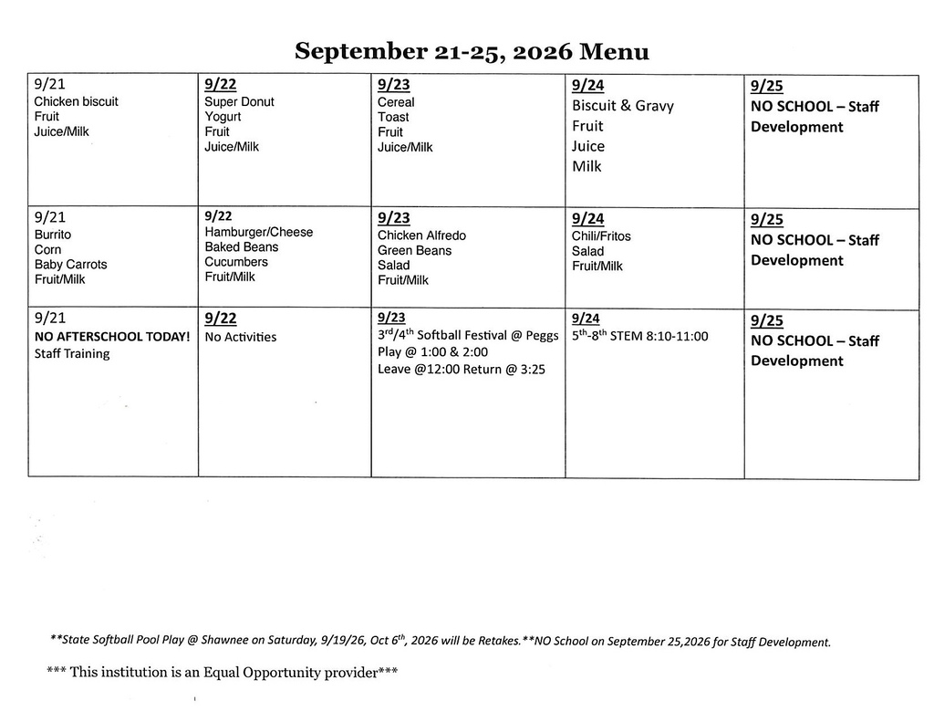 Sept 21-25, 2026 Lowrey Menu/Activities