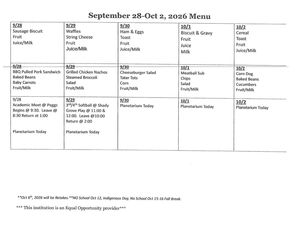 Lowrey Menu/Activities for Sept. 28-Oct 2, 2026