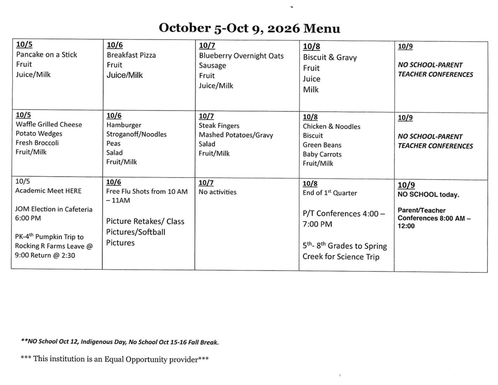 Oct 5-9th Menu/Activities