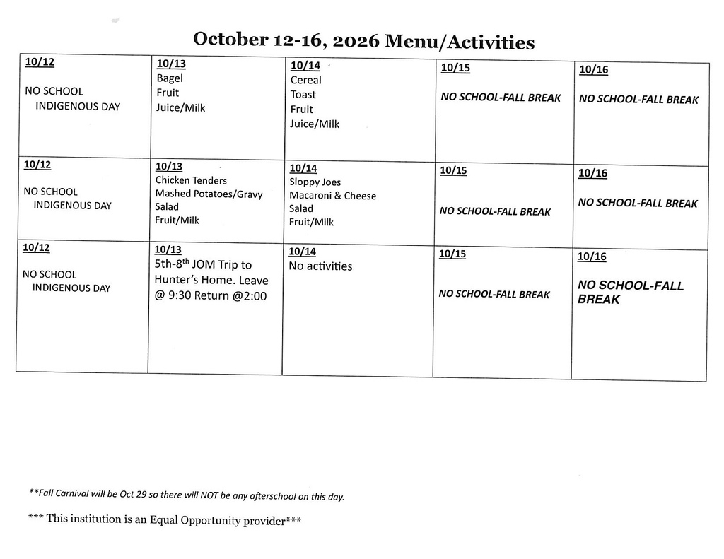 Oct. 12-16, 2026 Lowrey Menu/Activities