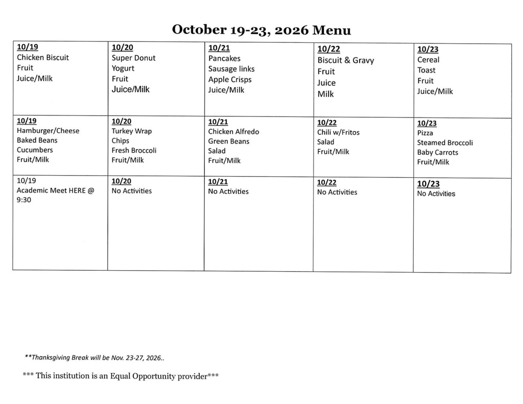 Oct 19-23, 2026 Lowrey Activities/Menu