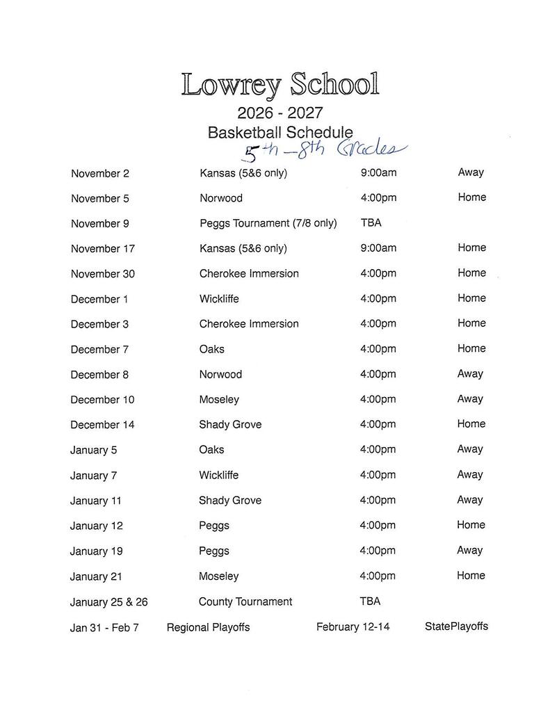 5th-8th Grade Basketball Schedule for 2026-27 season.