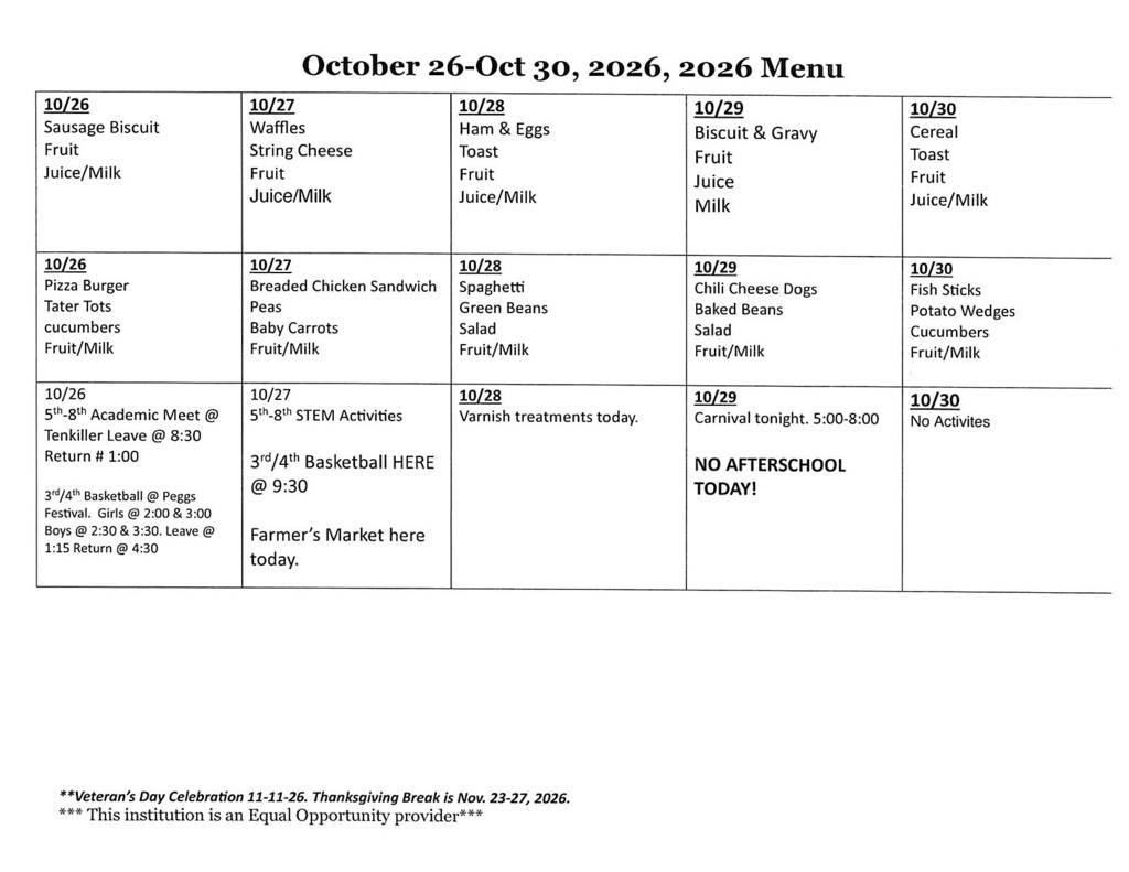 October 26-30, 2026 Menu/Activites - Lowrey School