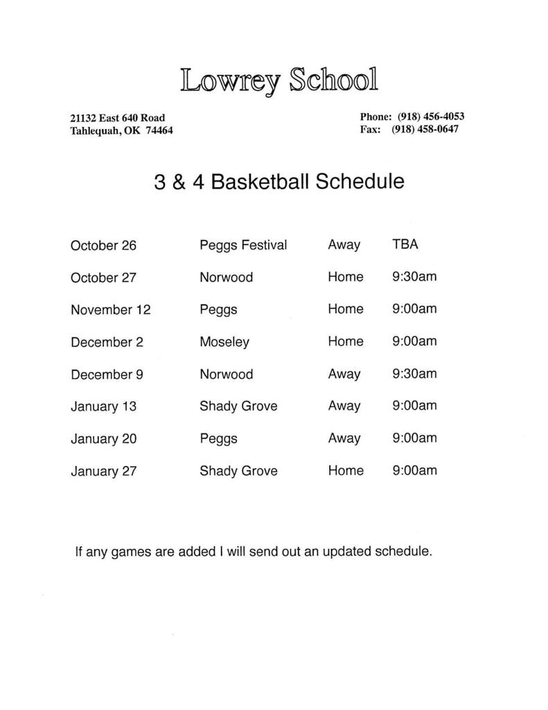 Lowrey 3rd/4th grade basketball schedule for 2026-27.
