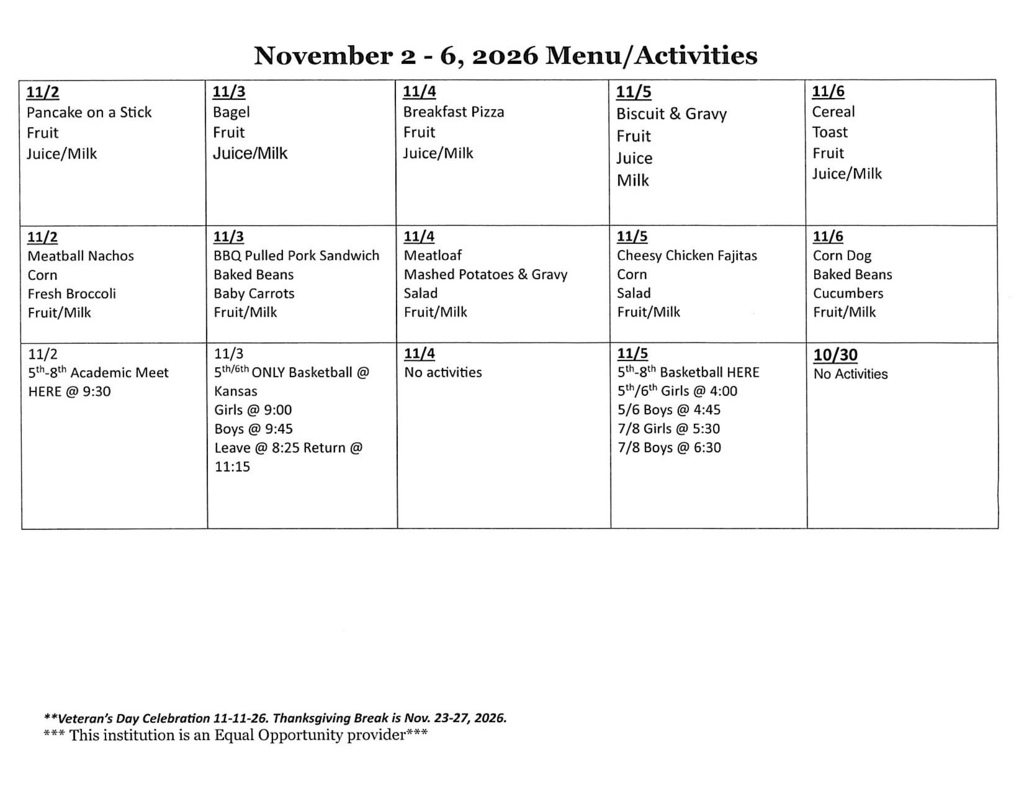 Lowrey Nov. 2-6, 2026 Menu/Activities