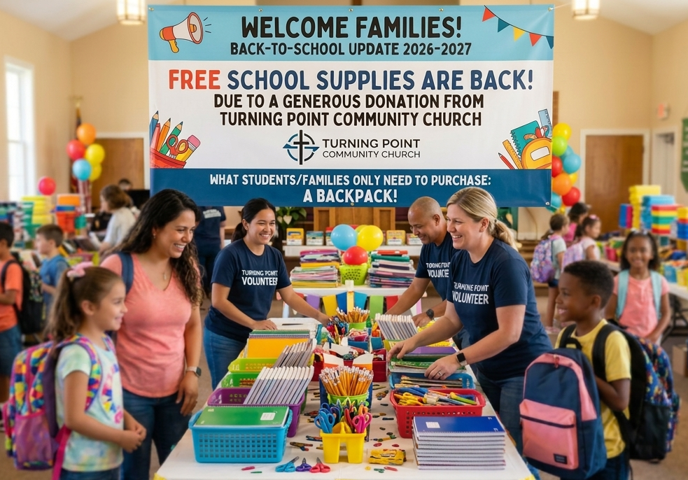 welcome families back to school update 2026-2027 Free school supplies are back due to a generous donation from turning point community church students and families need to purchase a backpack
