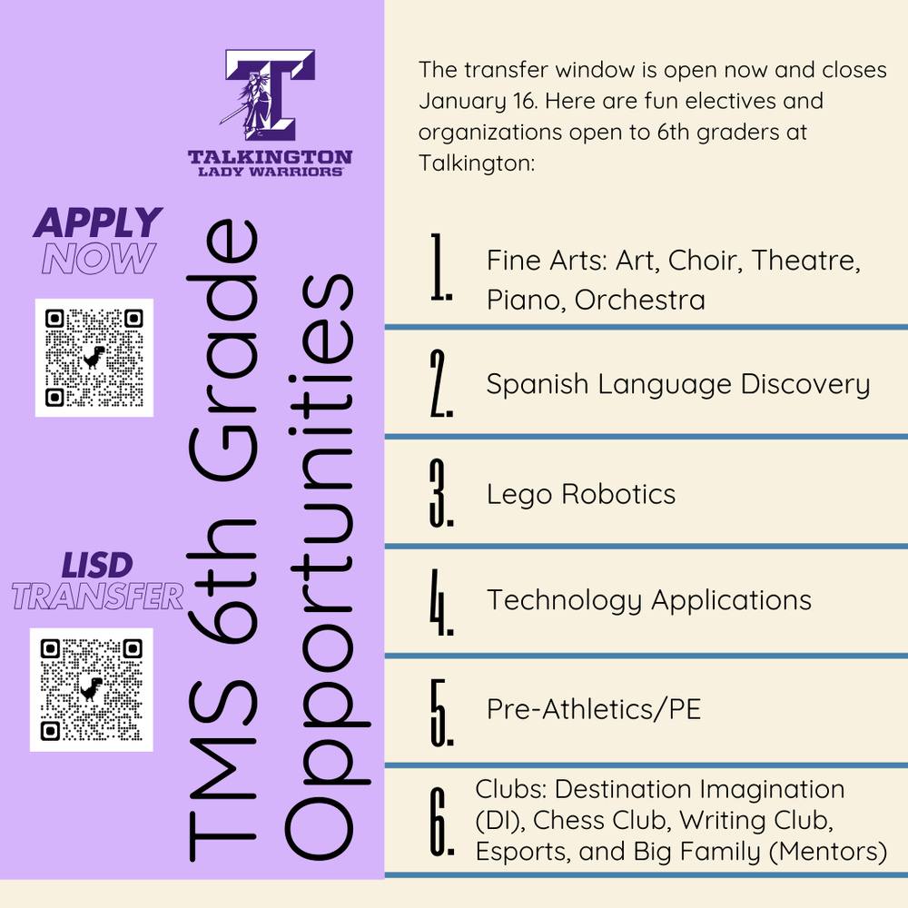 6th grade opportunities: fine arts, Spanish, Robotics, Tech apps, PE, and clubs; links to register and apply now
