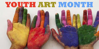 The words youth art month is bove 2 pairs of colorfully painted hands