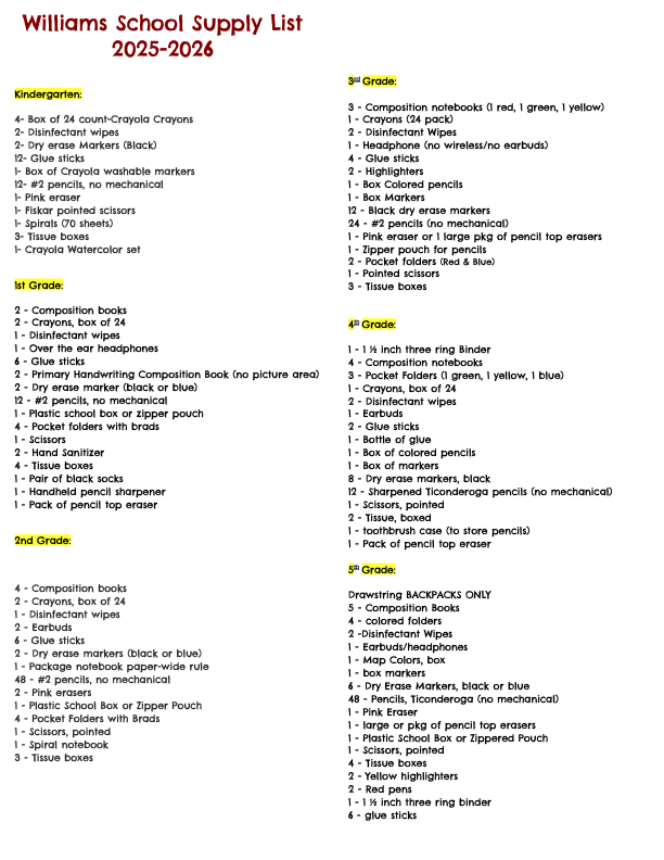School Supply List 25-26
