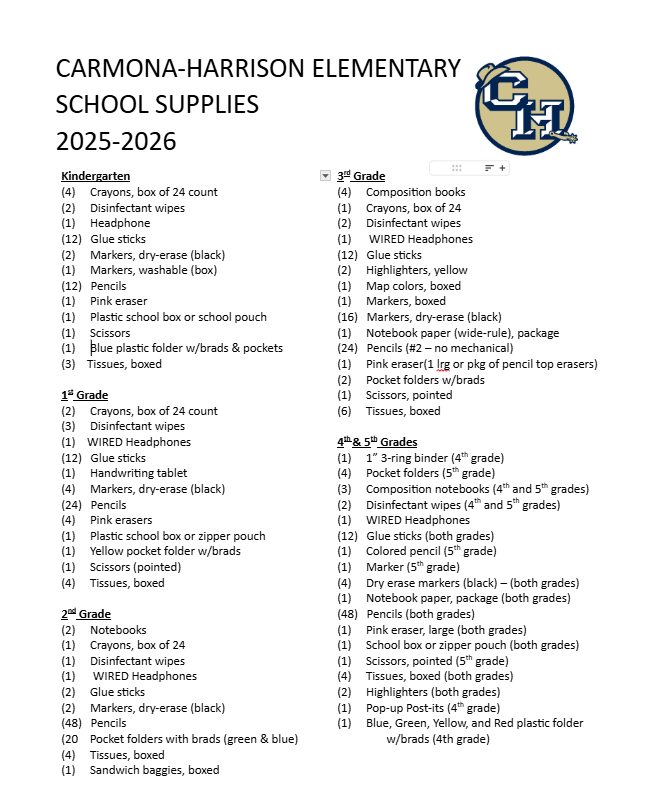2025-2026 School Supply List