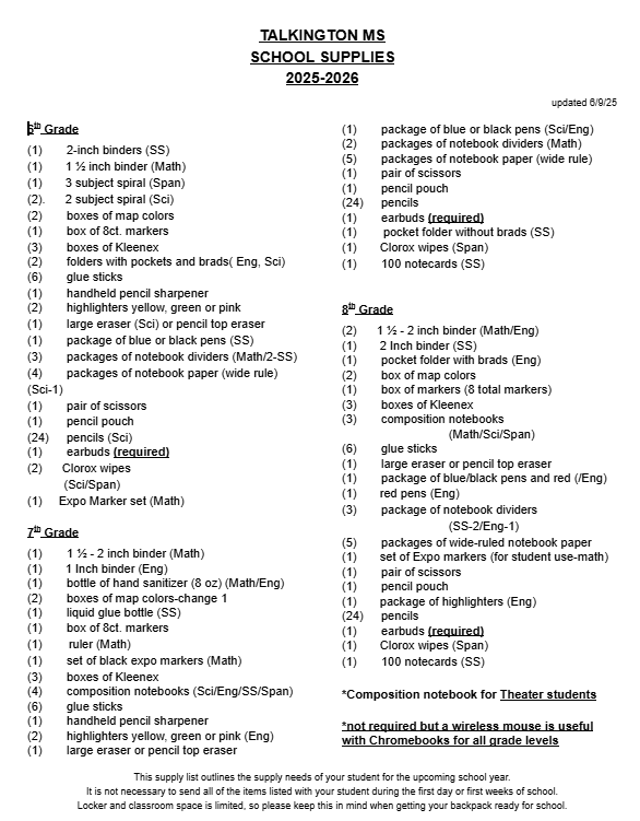 Middle school supply list is on the Talkington website under families tab.