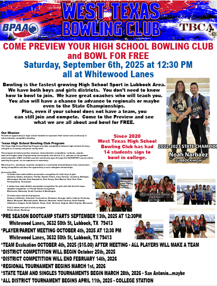 Bowling flyer with Saturday, Sept 6 at 12:30 at Whitewood lanes