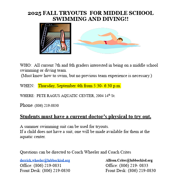 tryout Sept 4 at 5:30 at the Ragus Aquatic center. contact derrick.wheeler@lubbockisd.org