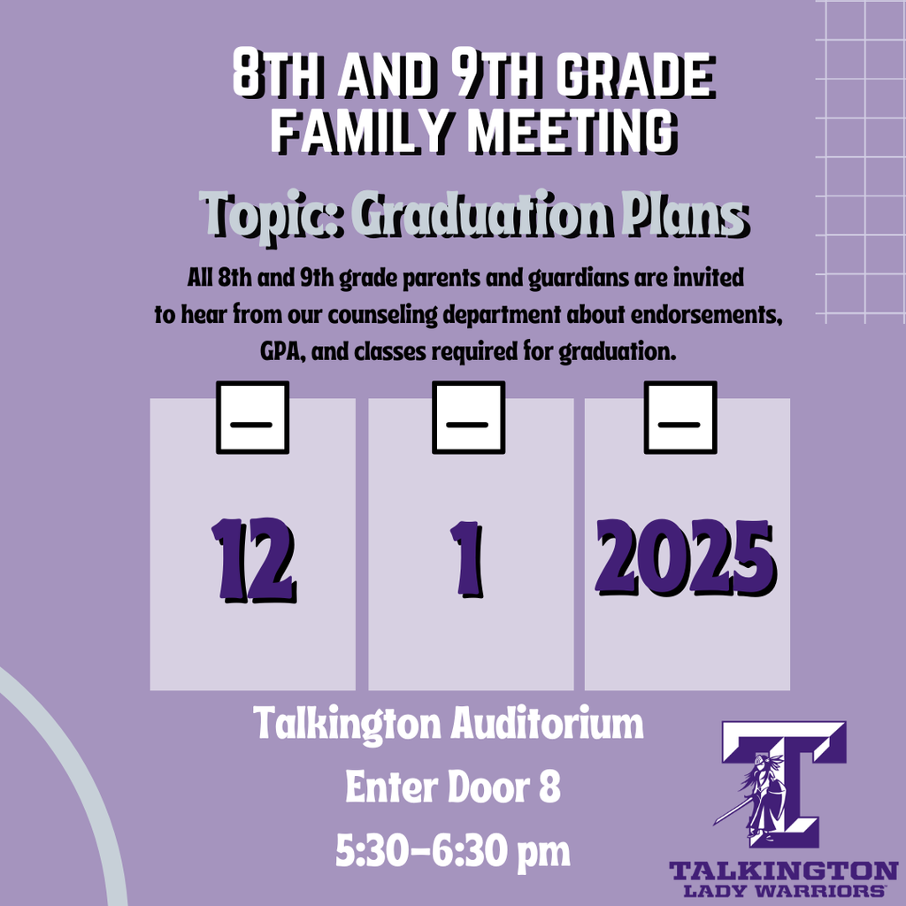 Dec 1 8th and 9th grade parent meeting at 5:30 in the auditorium