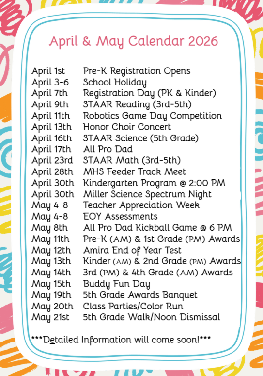 April & May Calendar 2026