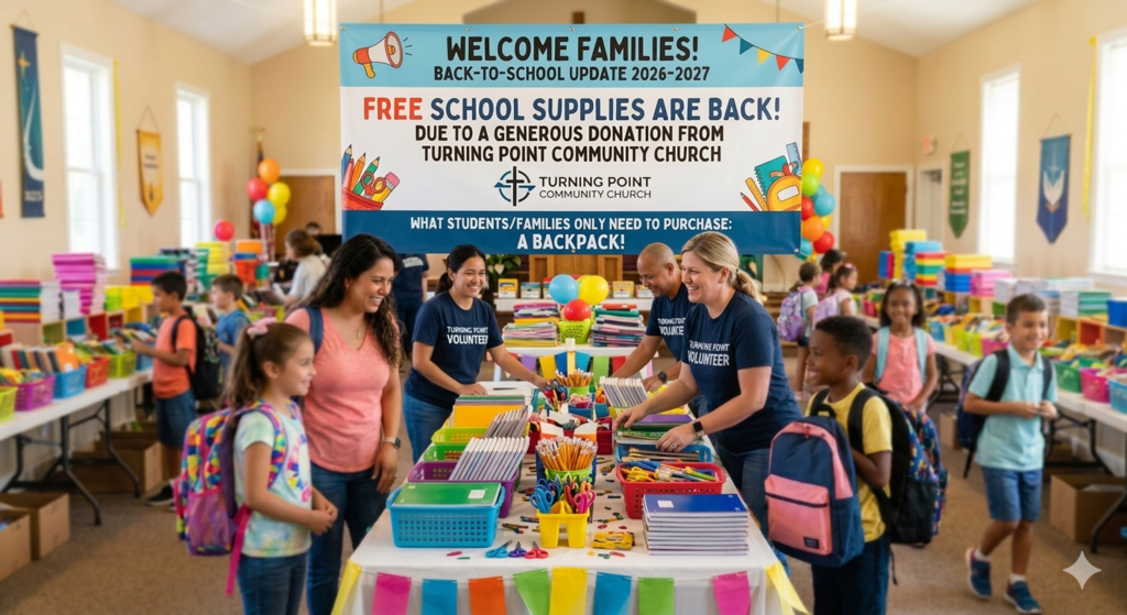 room full of supplies and families with a banner that says welcome families back to school update 2026-2027 free school supplies are back! due to a generous donation from turning point community church student's families only need to purchase a backpack