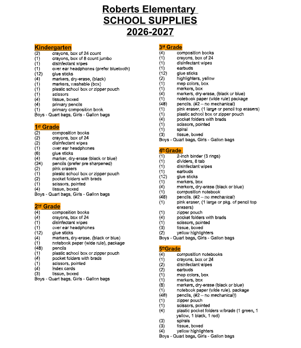 2026-2027 Roberts Elementary School Supply List