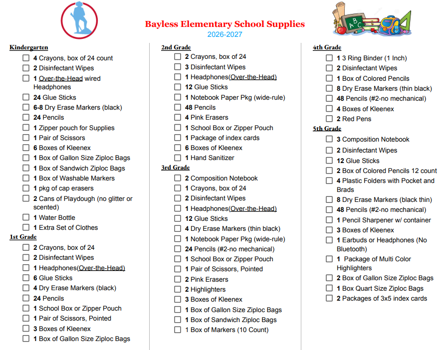 School Supply List Bayless Elementary 26-27