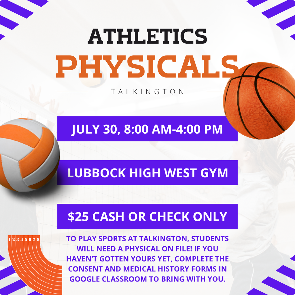athletic physicals on July 30 for $25 at Lubbock High with basketball, volleyball, and track background