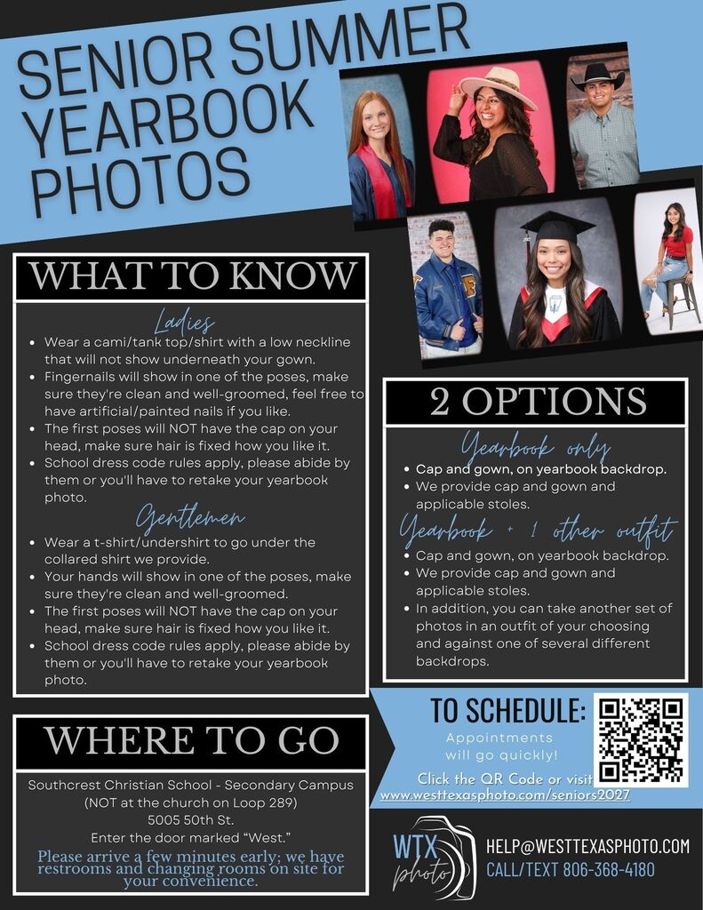 senior photos flyer with yearbook options and details about West Texas Photo