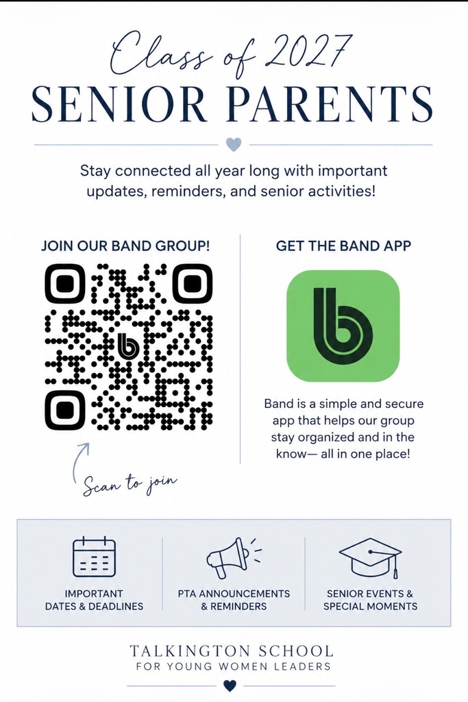 THS PTA invitation to senior parents to join the Band app to learn about upcoming senior events with the band logo and a QR code