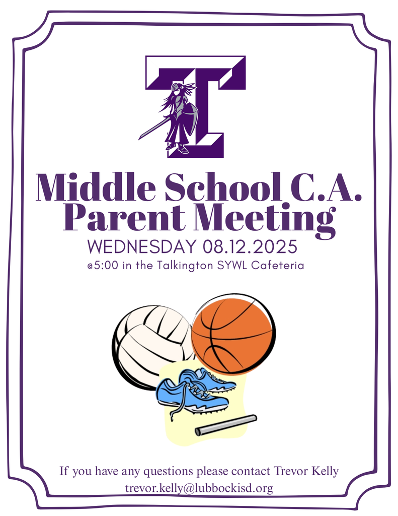 Mandatory athletics meeting for middle school 8/12 at 5pm Talkington Cafeteria with photos of sports equipment