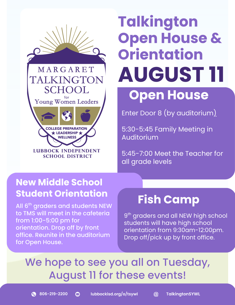Open House and Orientations August 11 with Talkington logo