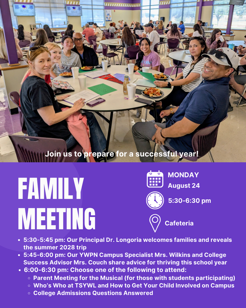 Family Meeting August 24 5:30-6:30 at Talkington cafeteria to prepare for the school year; with photo of previous family meeting