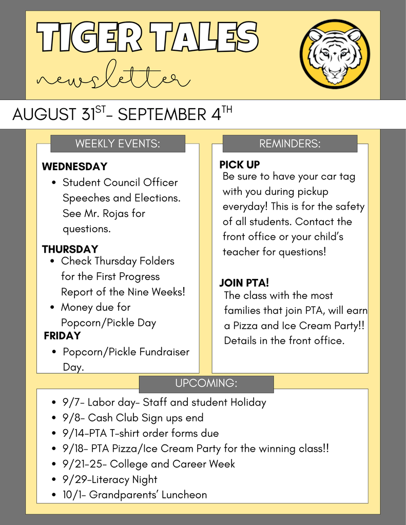 Schedule of events for the week of 8/31-9/4 for Stewart Elementary.