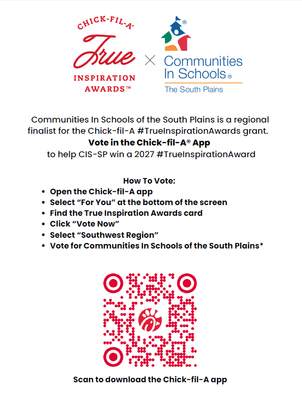 True Inspiration flyer with QR code to vote on Chick FilA app for CIS South Plains