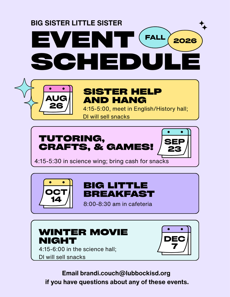 Big sister Little sister event calendar with September 23 meeting
