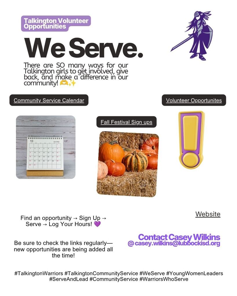 💜 TALKINGTON COMMUNITY SERVICE OPPORTUNITIES ARE HERE! 💜 There are SO many ways for our Talkington girls to get involved, give back, and make a difference in our community! 🫶✨ Whether you’re looking for a quick volunteer opportunity, planning ahead, or wanting to participate in our upcoming Fall Festival, we have something for everyone!