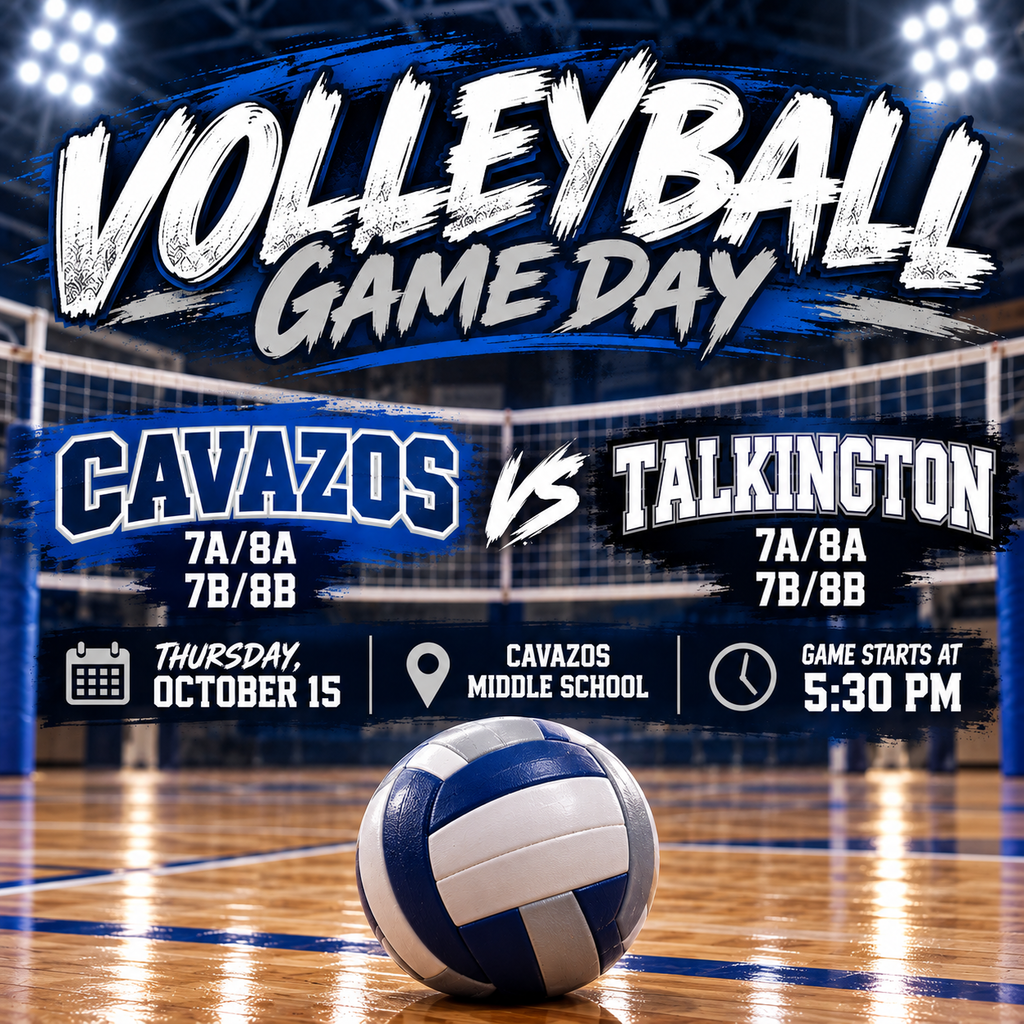 🏐💙💛 GAME DAY AT CAVAZOS! 💛💙🏐 It’s time to hit the court! Come out and support our Cavazos Lady Cavs as they take on Talkington tonight! 🔥 📅 Thursday, October 15 📍 Cavazos Middle School ⏰ First serve at 5:30 PM 🏐 7A/8A & 7B/8B Let’s fill the stands and show our volleyball teams some CAVAZOS PRIDE! 💙💛 LET’S GO CAVS! 🏐🔥 #CavazosPride #CavazosVolleyball #GameDay #GoCavs #CavazosStrong