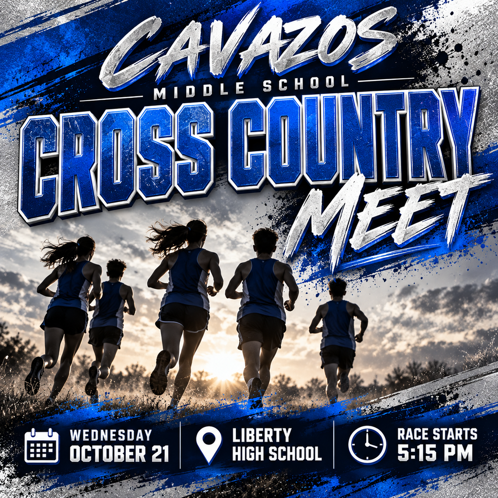 🏃♀️🏃♂️ CAVALIERS, IT’S MEET WEEK! 💙🩶 Our Cavazos Cross Country team is ready to hit the course! Come out and support our runners as they compete this Wednesday, October 21! 📅 Wednesday, October 21 📍 Liberty High School ⏰ Race Starts at 5:15 PM Let’s show our Cavs some love and cheer them on from start to finish! 💪🏃♀️💨 RUN CAVS RUN! ⚔️💙🩶 #BuiltToRise #CavazosCavaliers #CavazosCrossCountry #CavPride #RunCavsRun