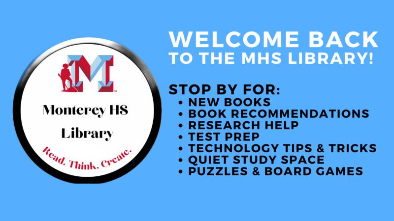 Welcome back. Stop by for: New Books, Recommendations, Research Help, Test Prep, Tech Tips, Study Space, Games