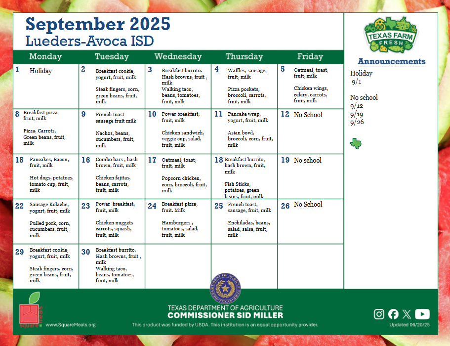 Sept Lunch Menu