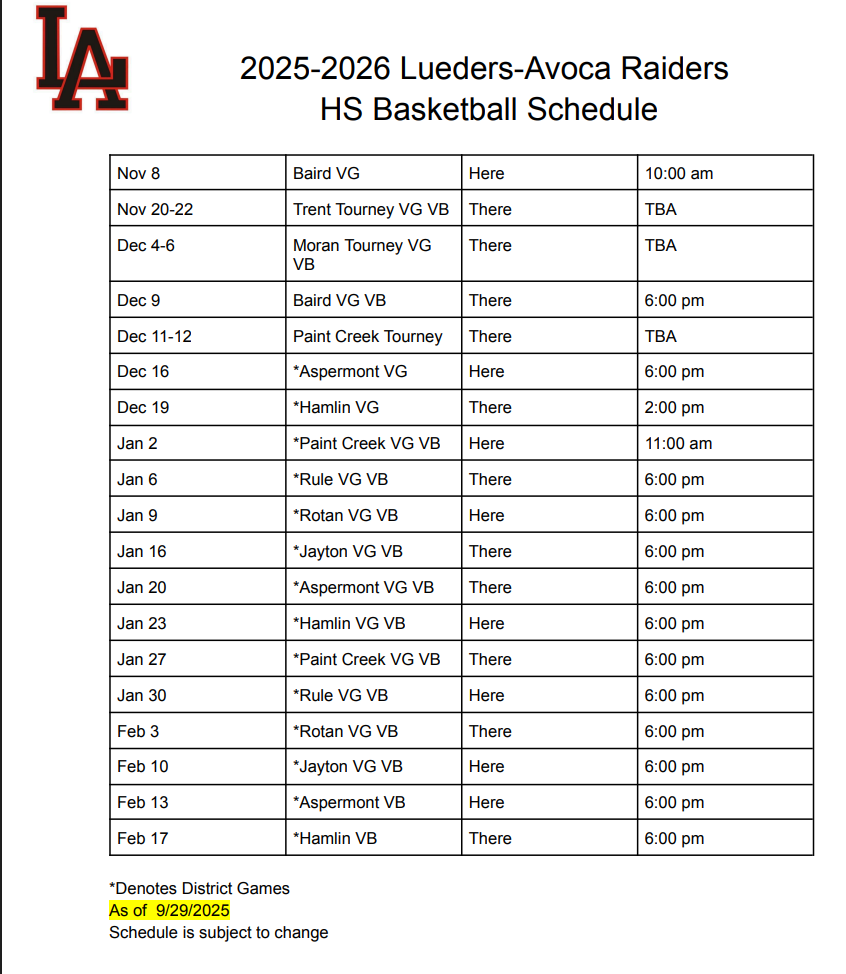 Updated BBAll Schedule