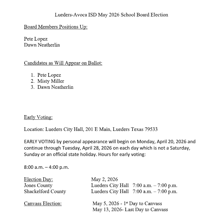 Lueders-Avoca ISD May 2026 School Board Election