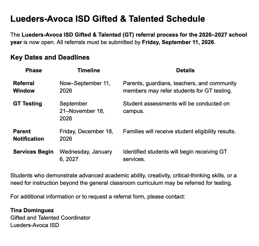 Gifted and Talented Timeline for 26-27