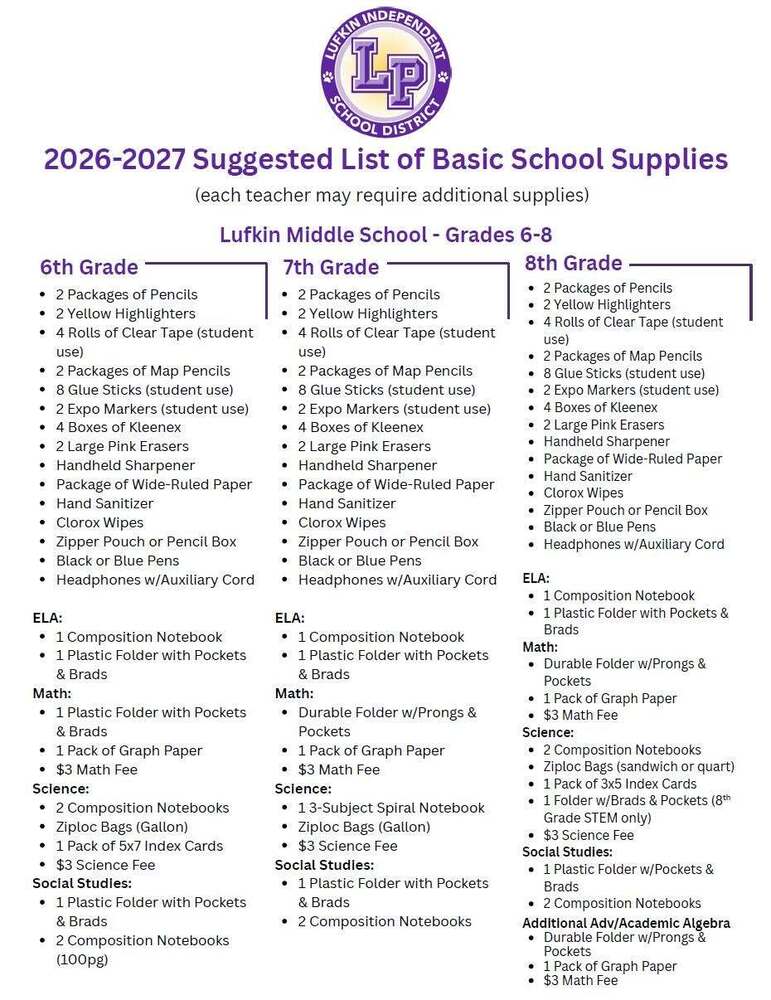 School Supply List 2026-2027