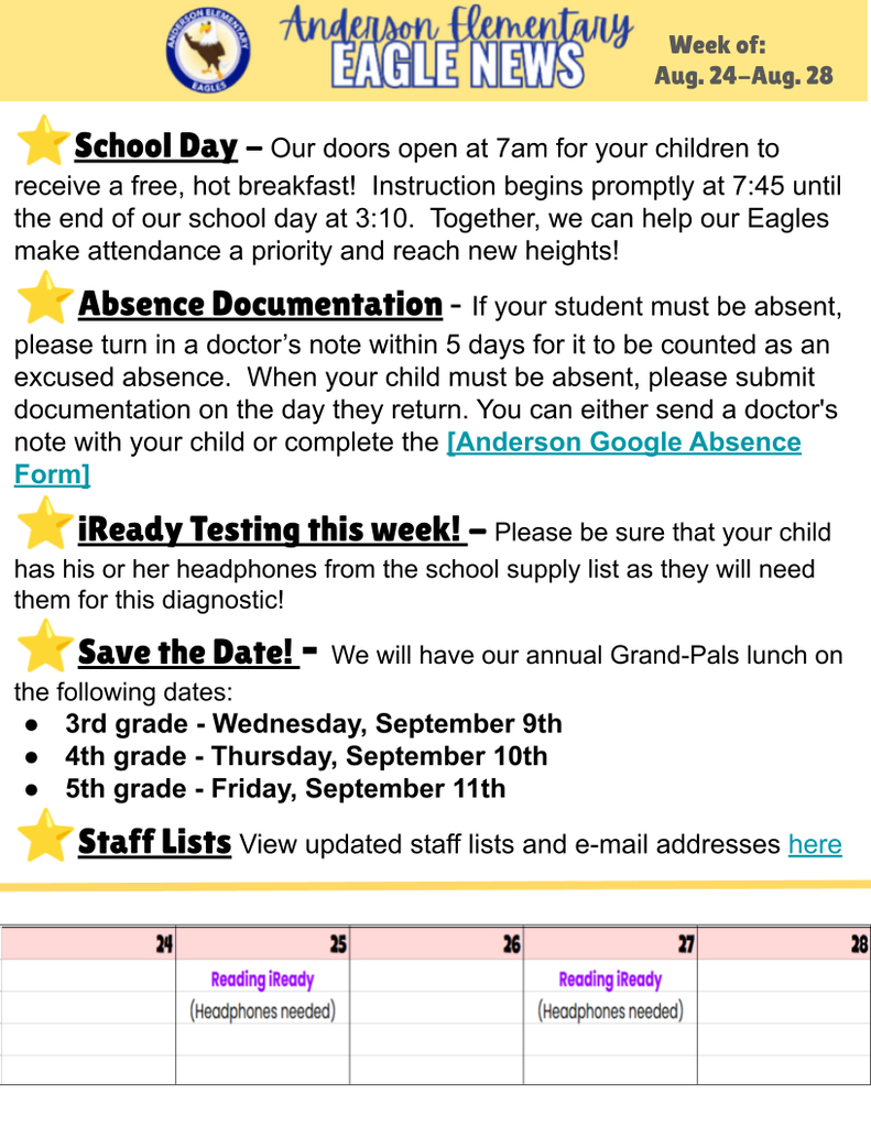 This newsletter contains information about the school day, absences, and upcoming events.
