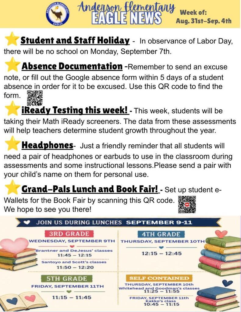 This week's Anderson newsletter contains information about Book Fair, iReady screeners, and Grand-Pals Day!