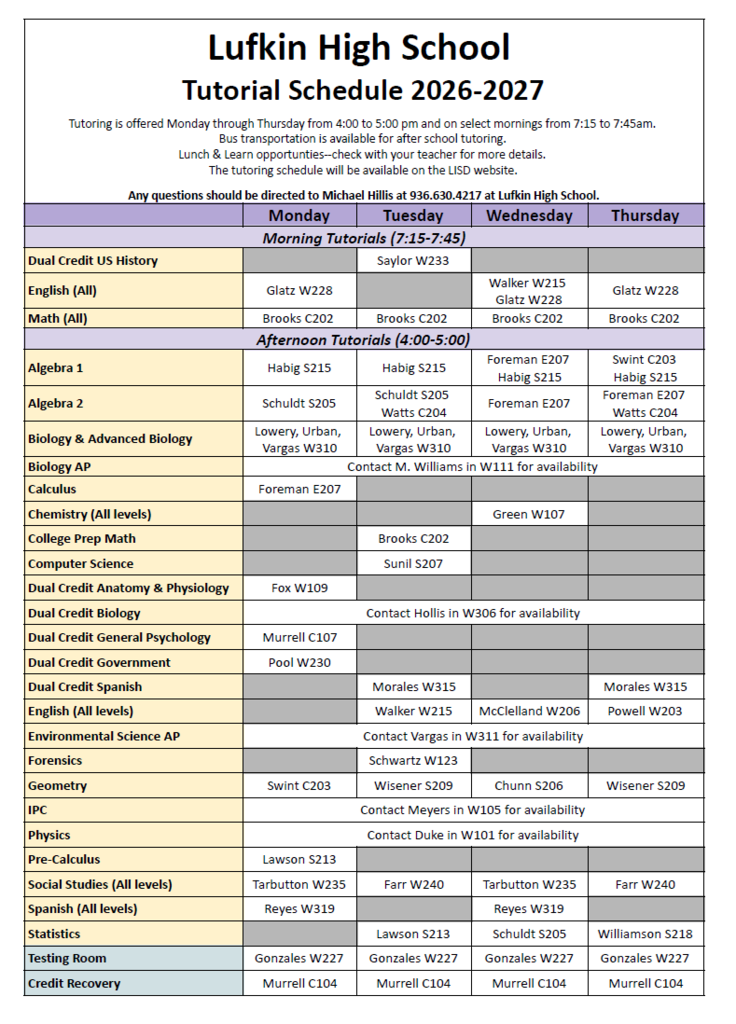 After School Tutoring Fall 2026 Schedule